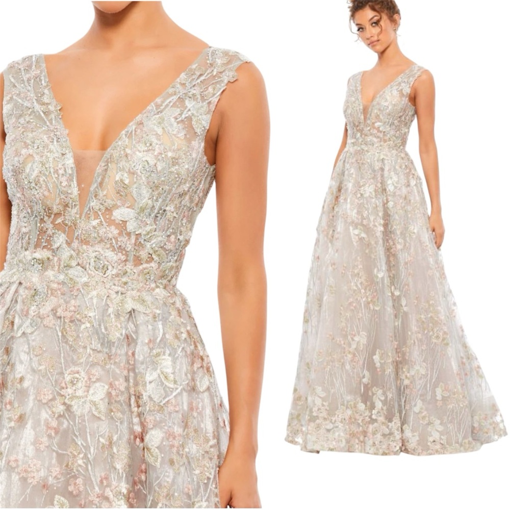 Mac Duggal Silver Floral Embroidered Illusion V-Neck Gown Size 6